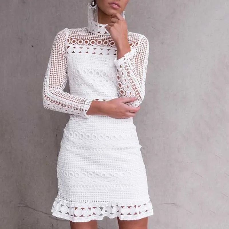 Bohemian long sleeve turtle neck white lace dress