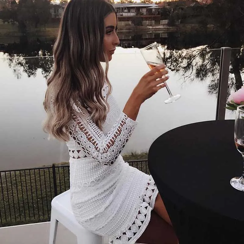 Bohemian long sleeve turtle neck white lace dress