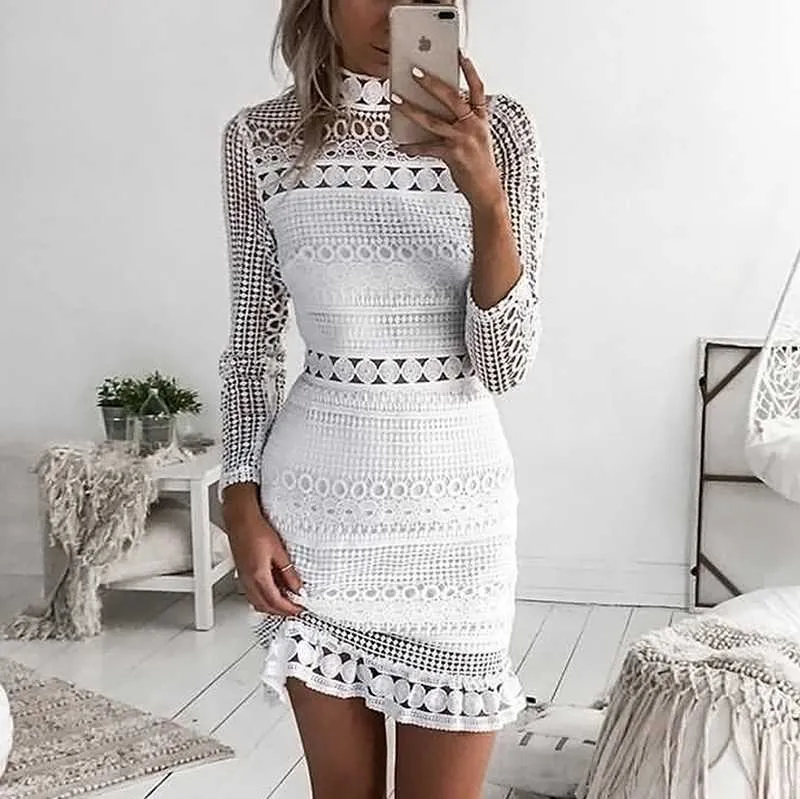 Bohemian long sleeve turtle neck white lace dress