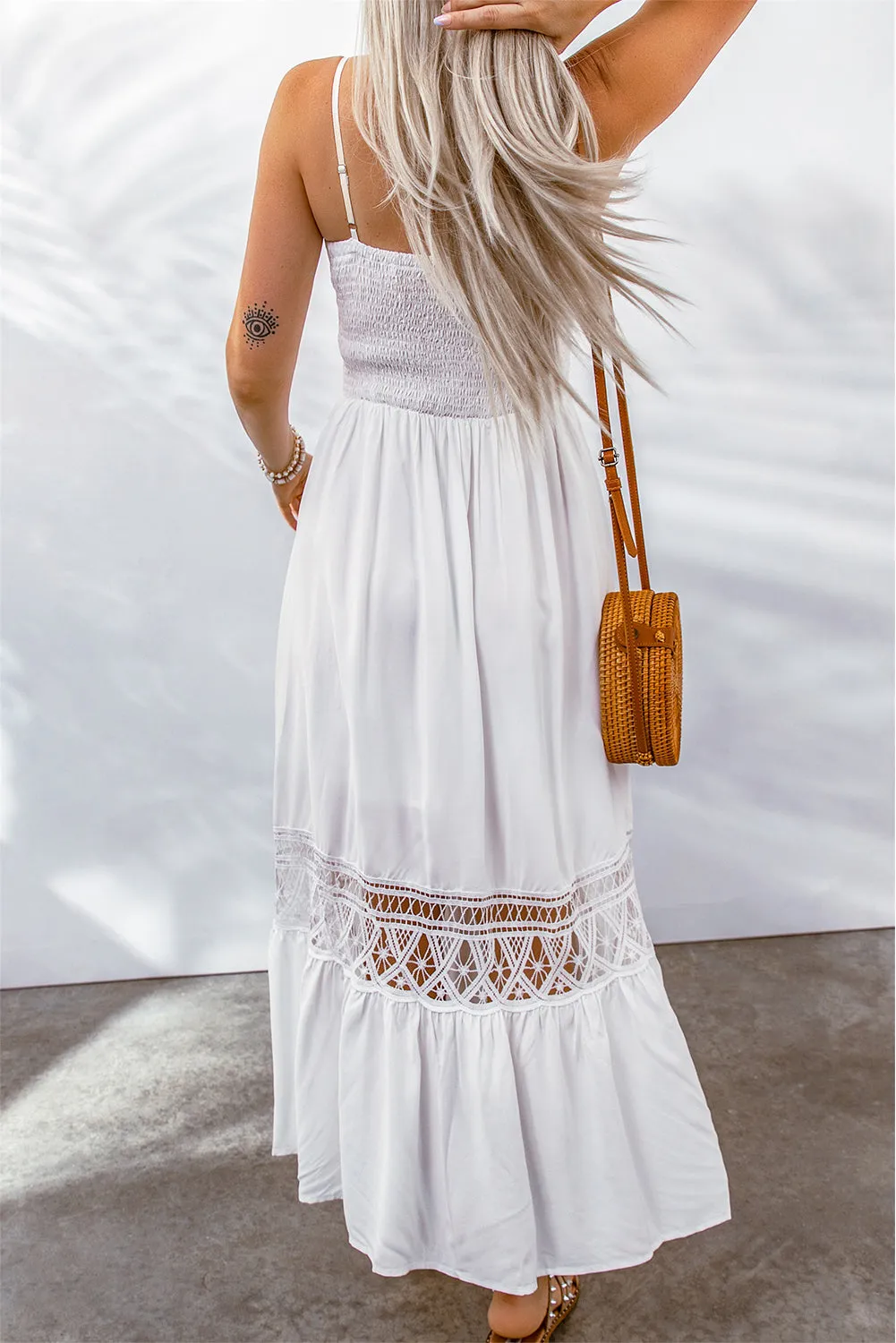 Bohemian Spliced Lace Spaghetti Strap Maxi Dress