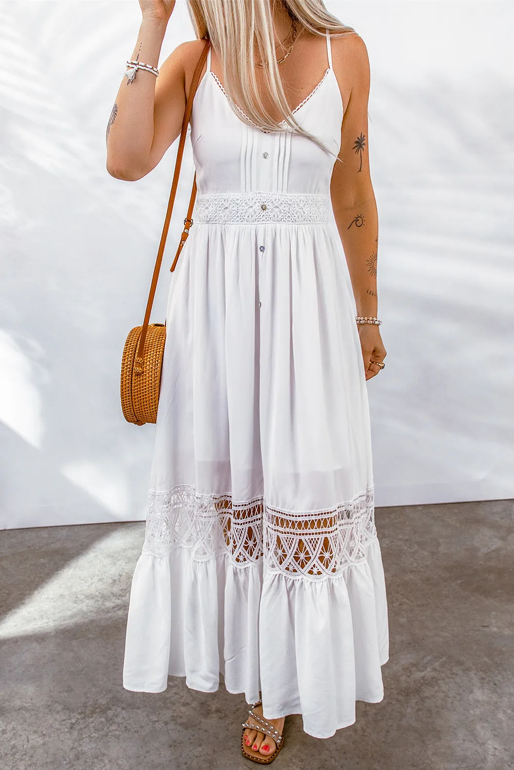 Bohemian Spliced Lace Spaghetti Strap Maxi Dress