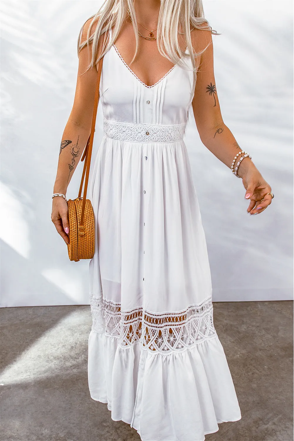 Bohemian Spliced Lace Spaghetti Strap Maxi Dress