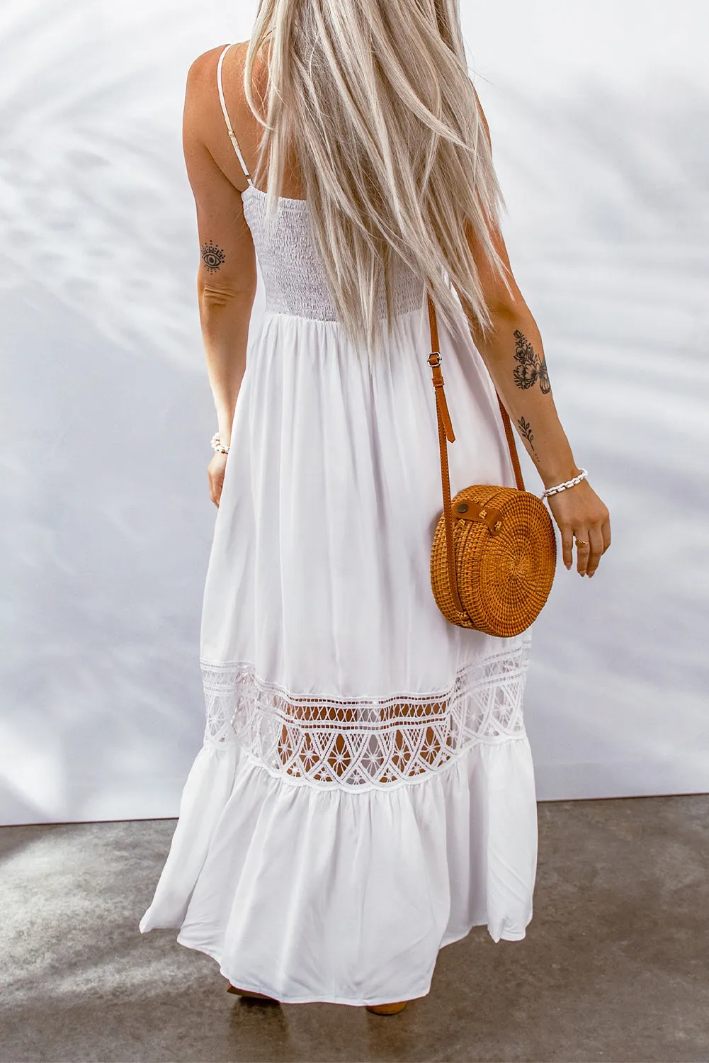 Bohemian Spliced Lace Spaghetti Strap Maxi Dress