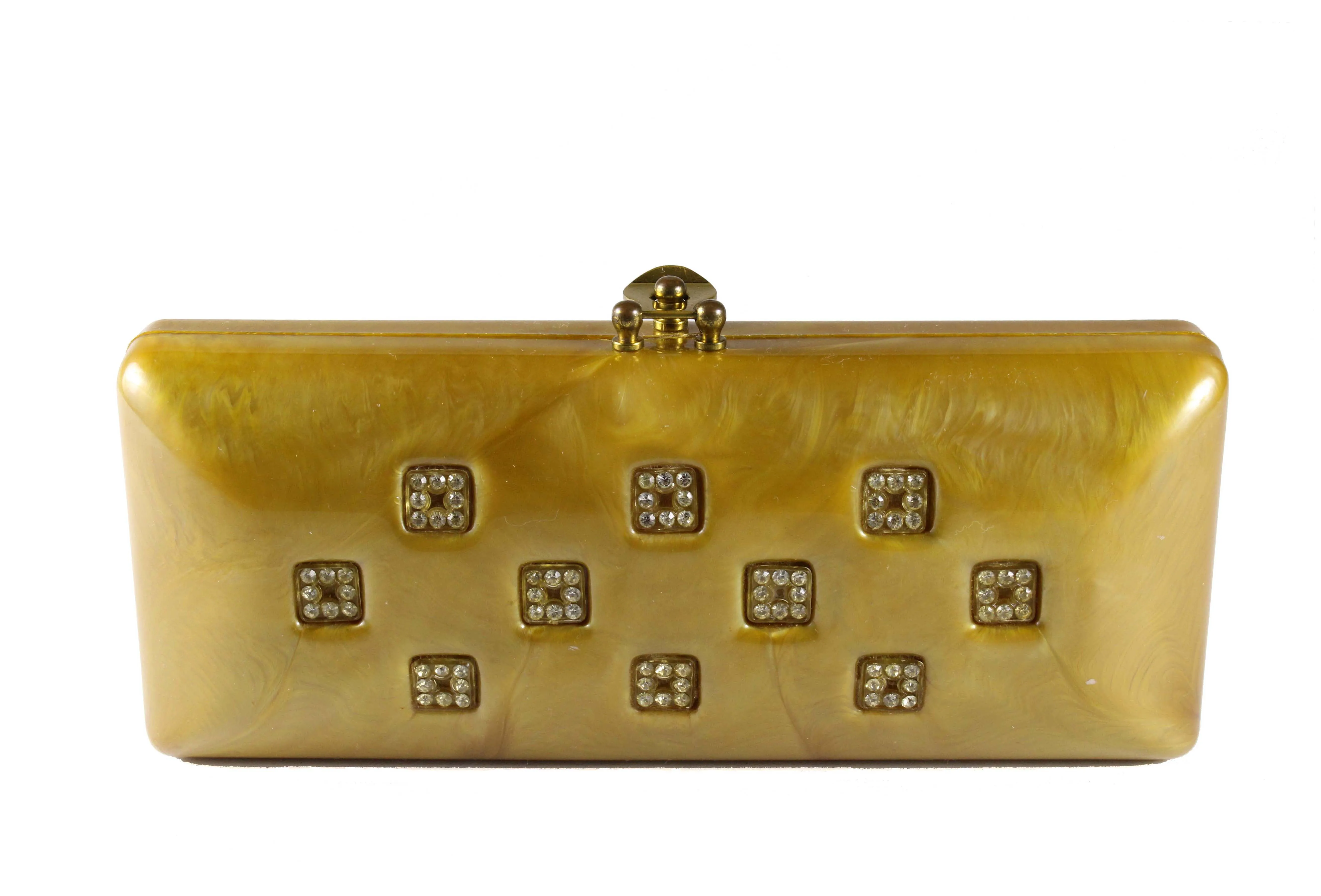 Caramel lucite clutch with rhinestone inlaid