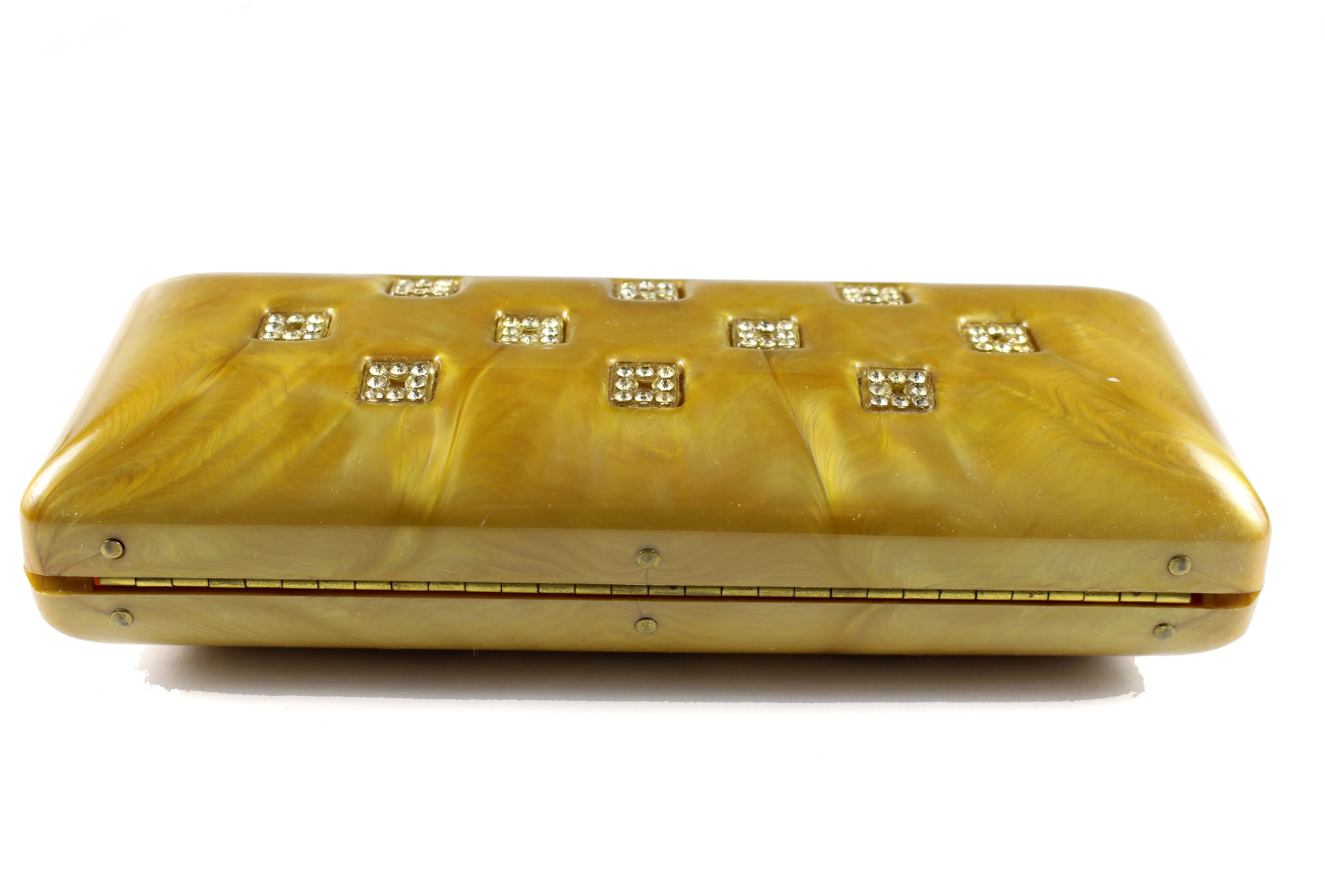 Caramel lucite clutch with rhinestone inlaid