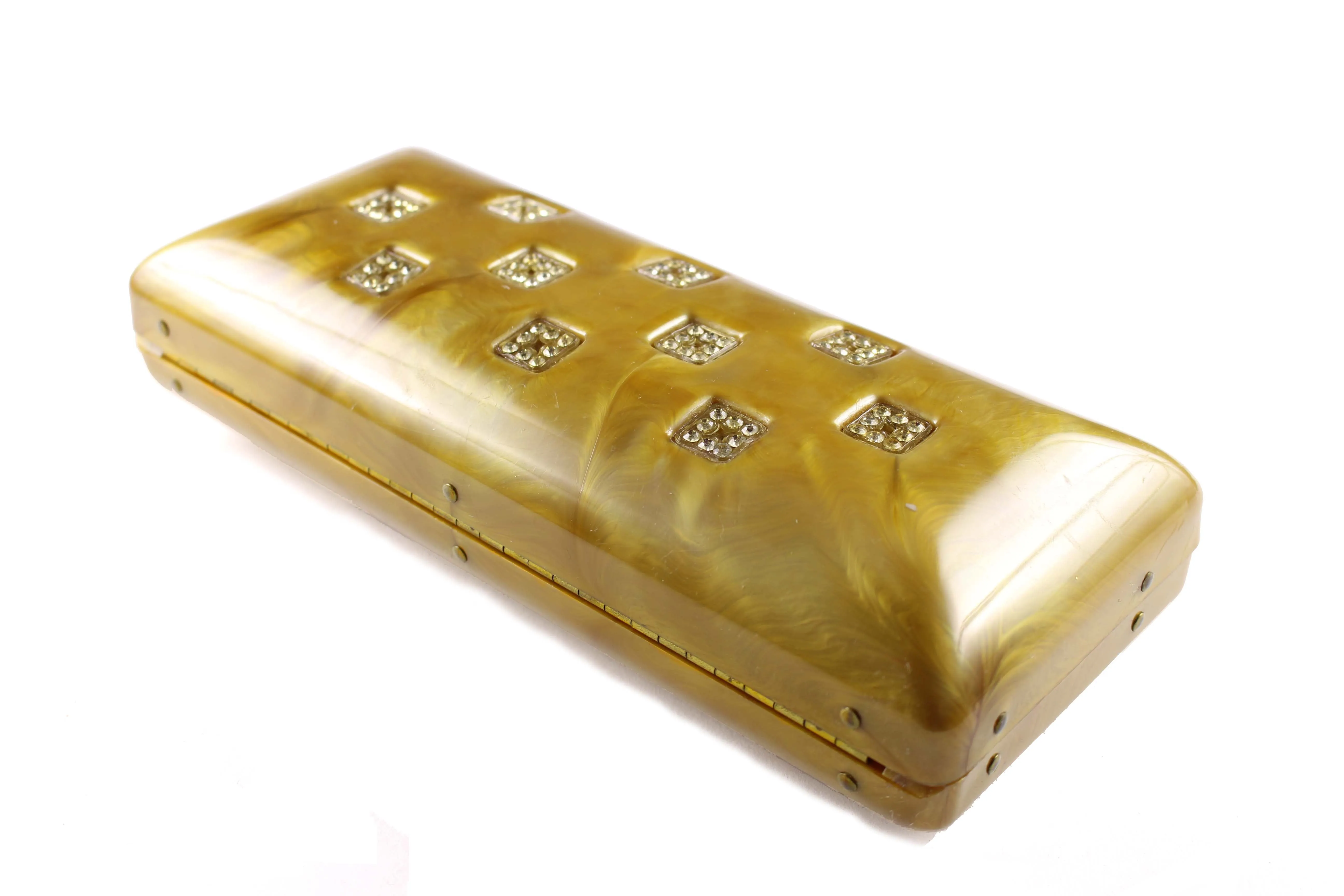 Caramel lucite clutch with rhinestone inlaid