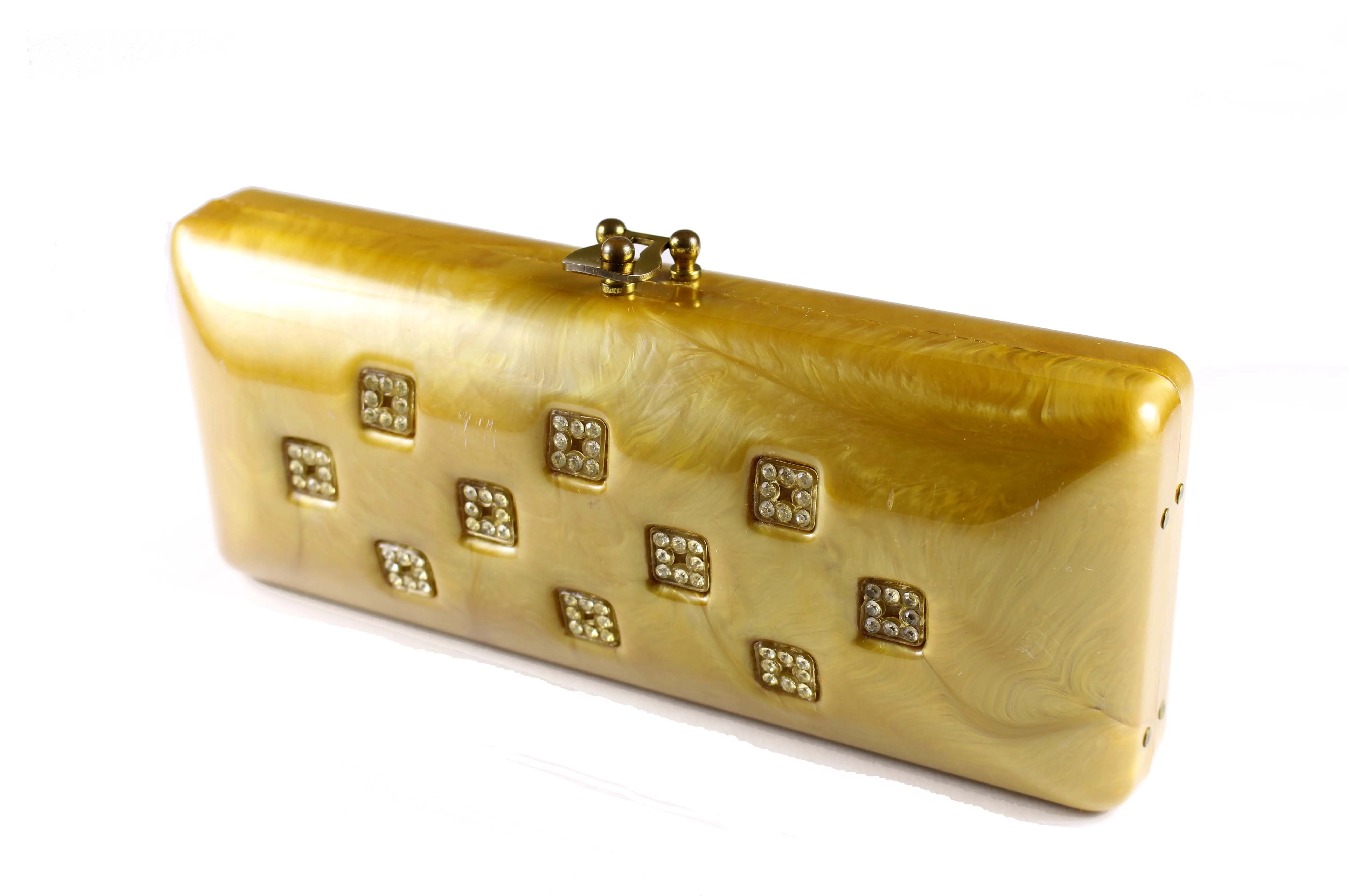 Caramel lucite clutch with rhinestone inlaid