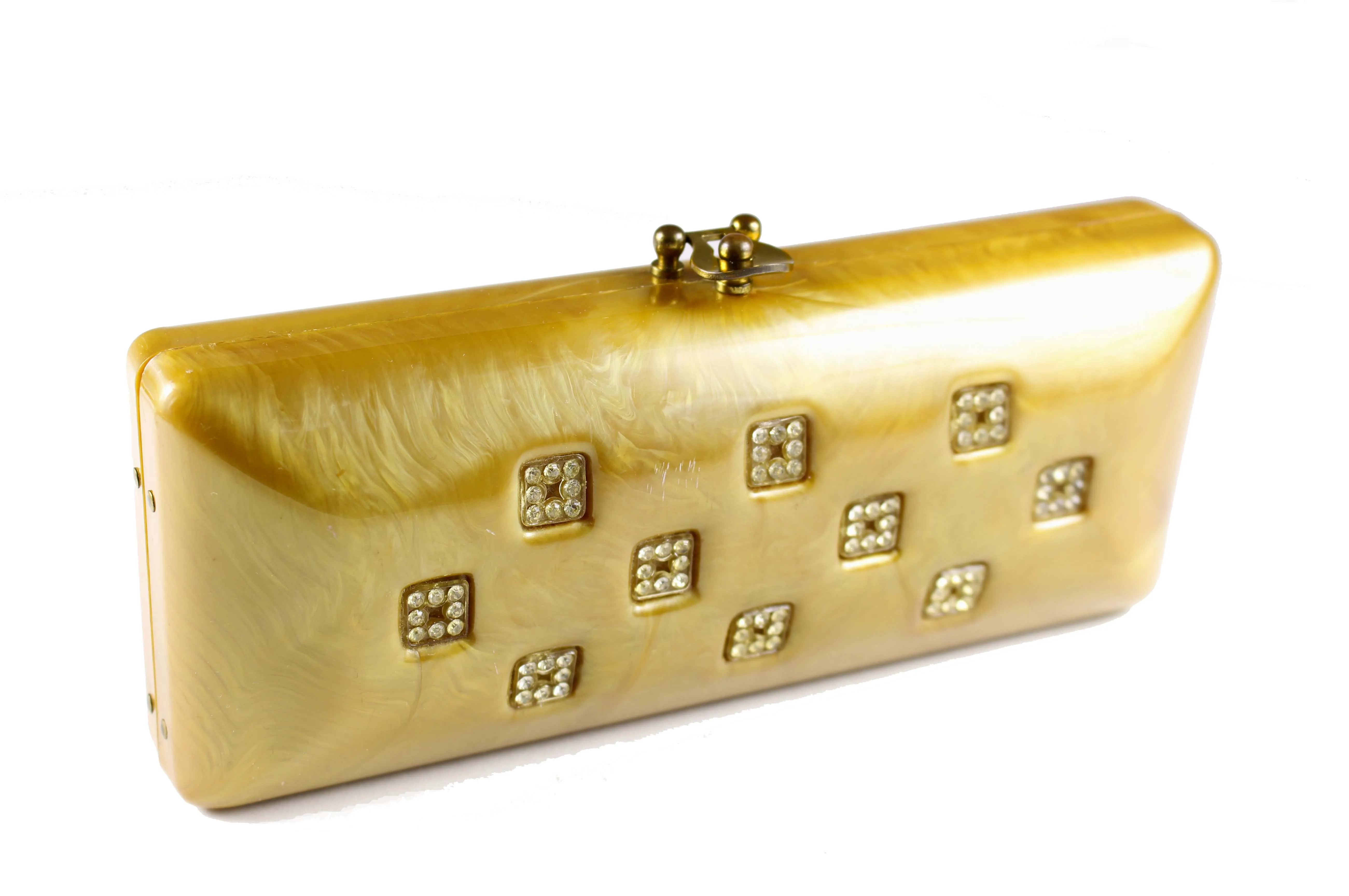 Caramel lucite clutch with rhinestone inlaid