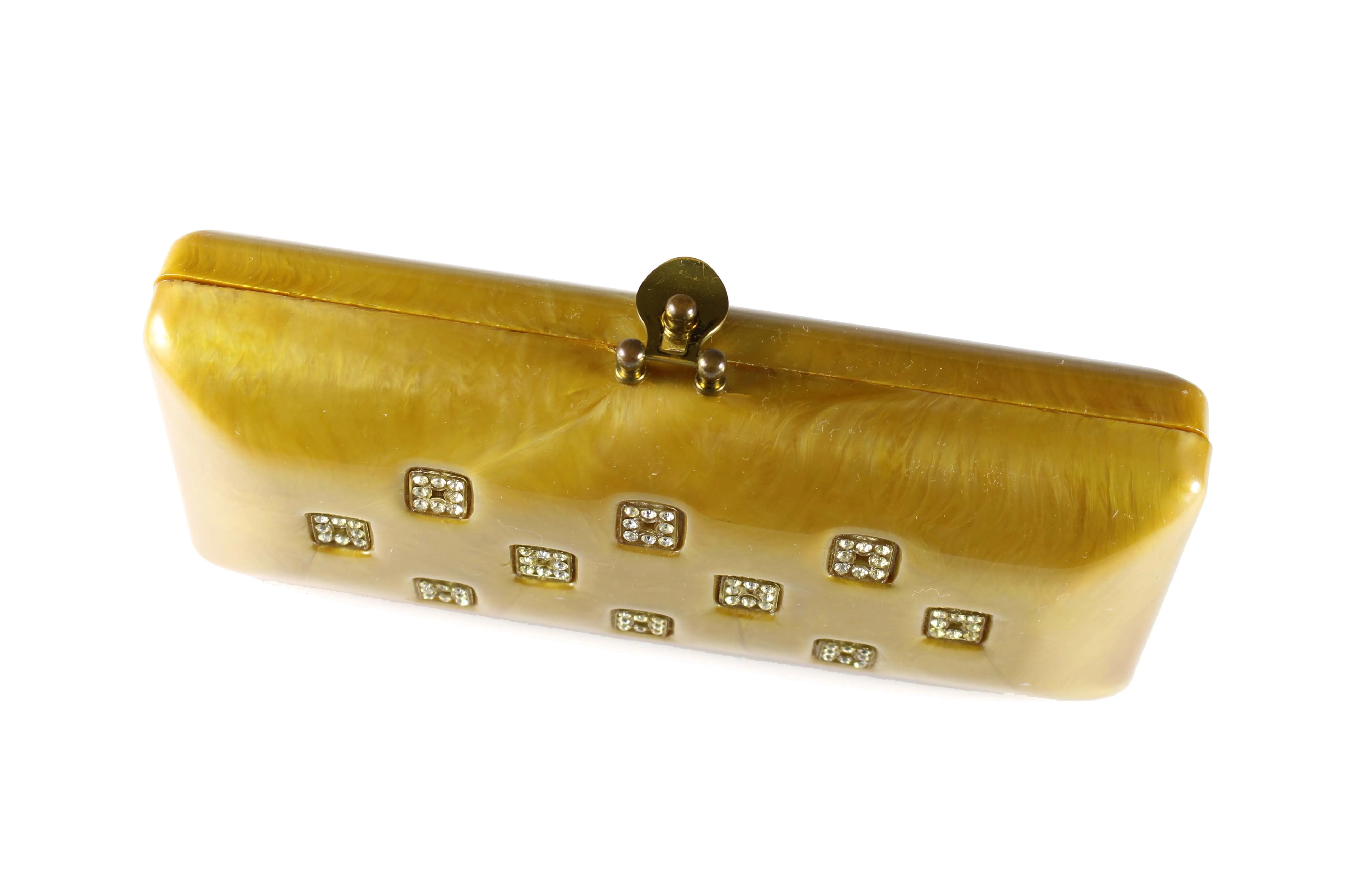 Caramel lucite clutch with rhinestone inlaid