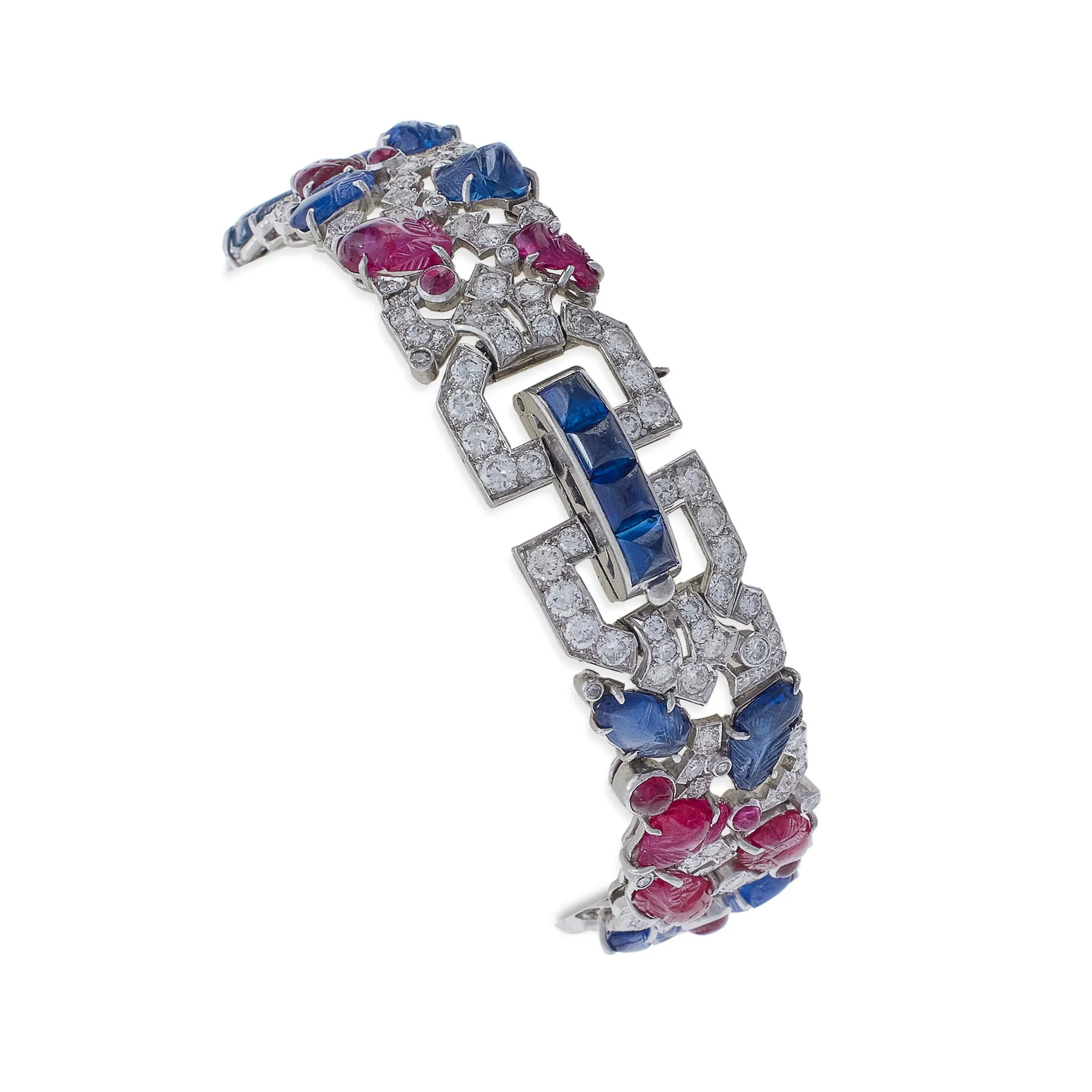 Carved Ruby, Sapphire and Diamond Tutti Frutti Strap Bracelet