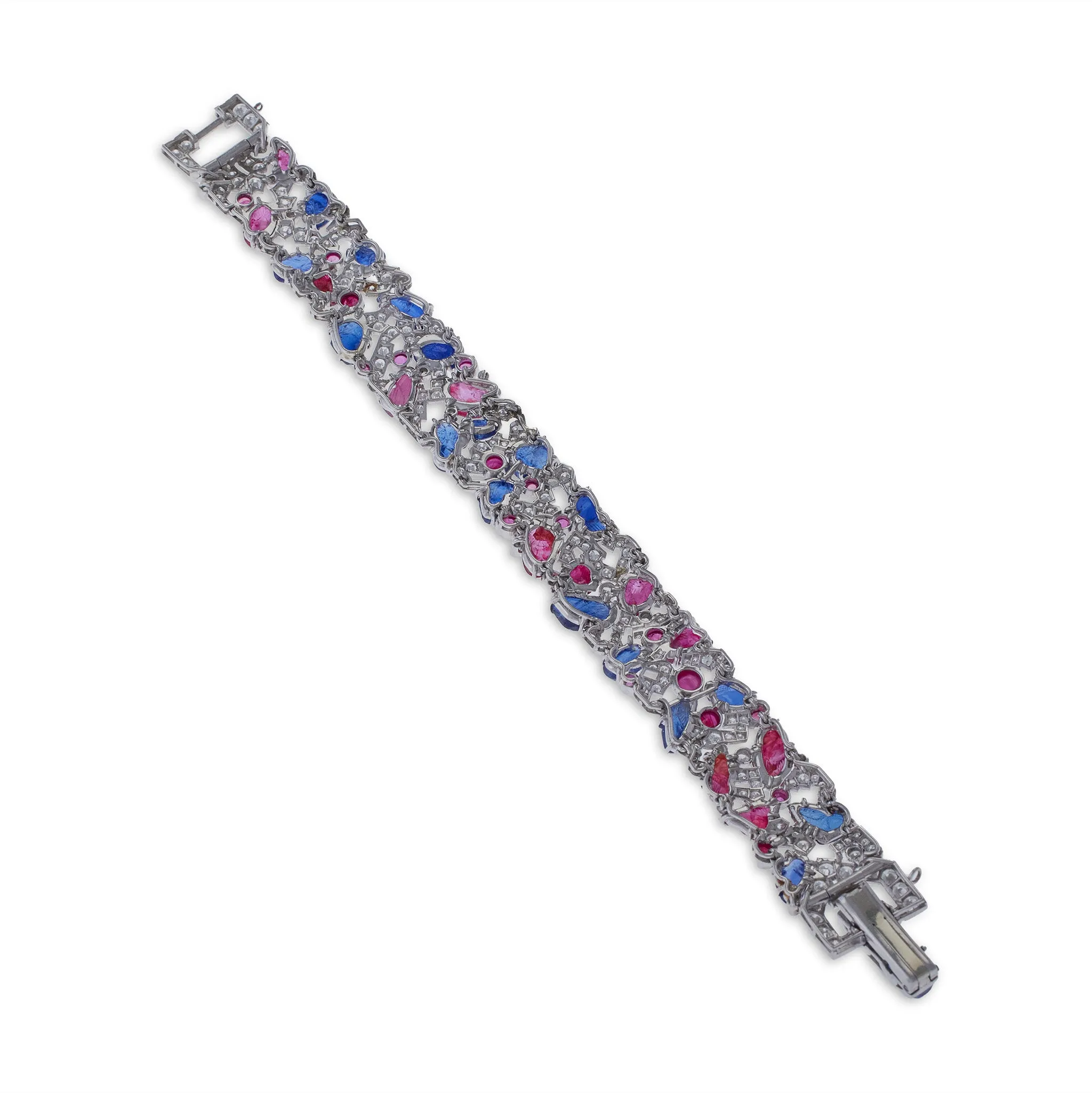 Carved Ruby, Sapphire and Diamond Tutti Frutti Strap Bracelet