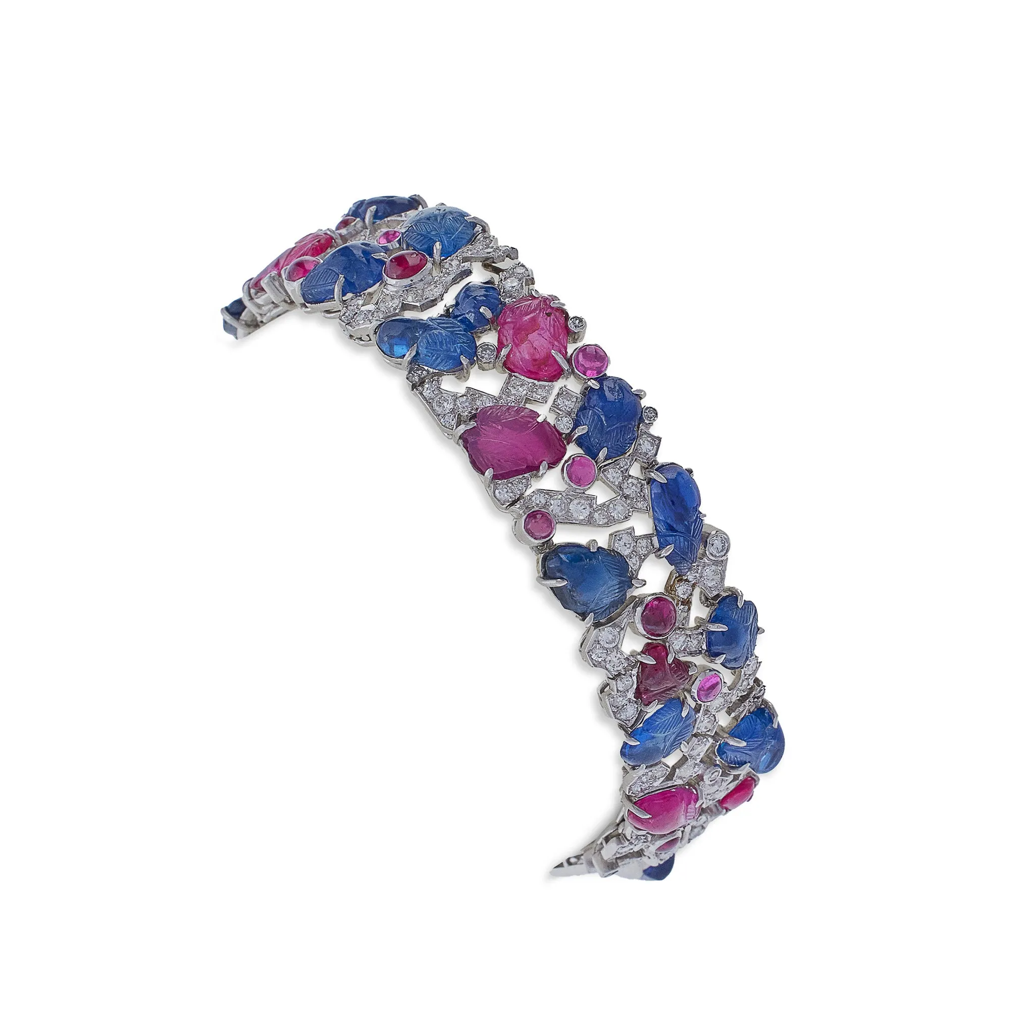 Carved Ruby, Sapphire and Diamond Tutti Frutti Strap Bracelet