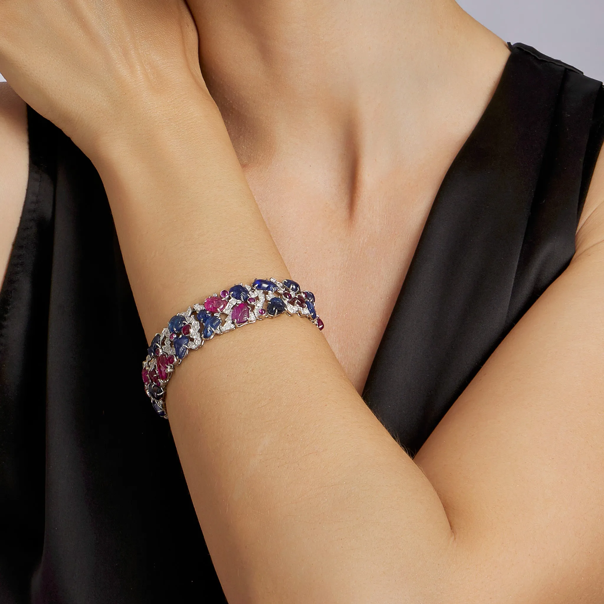 Carved Ruby, Sapphire and Diamond Tutti Frutti Strap Bracelet