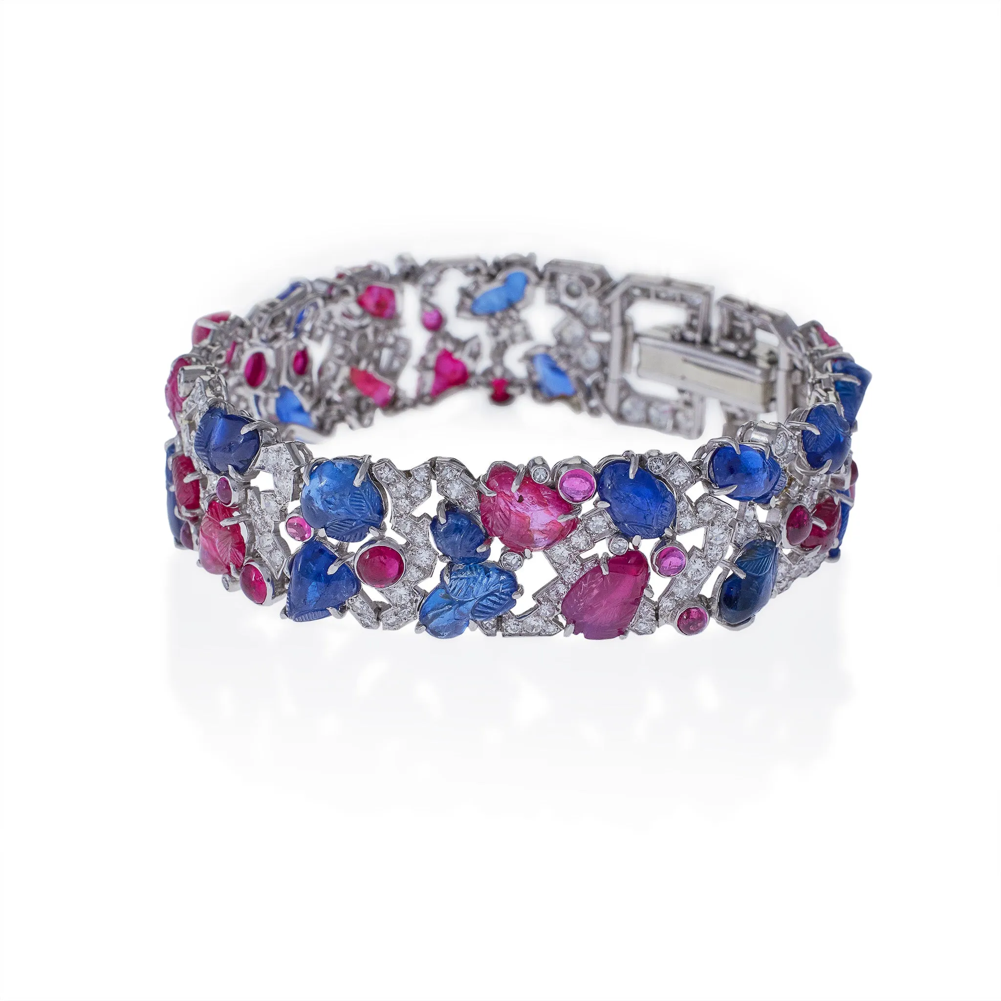 Carved Ruby, Sapphire and Diamond Tutti Frutti Strap Bracelet