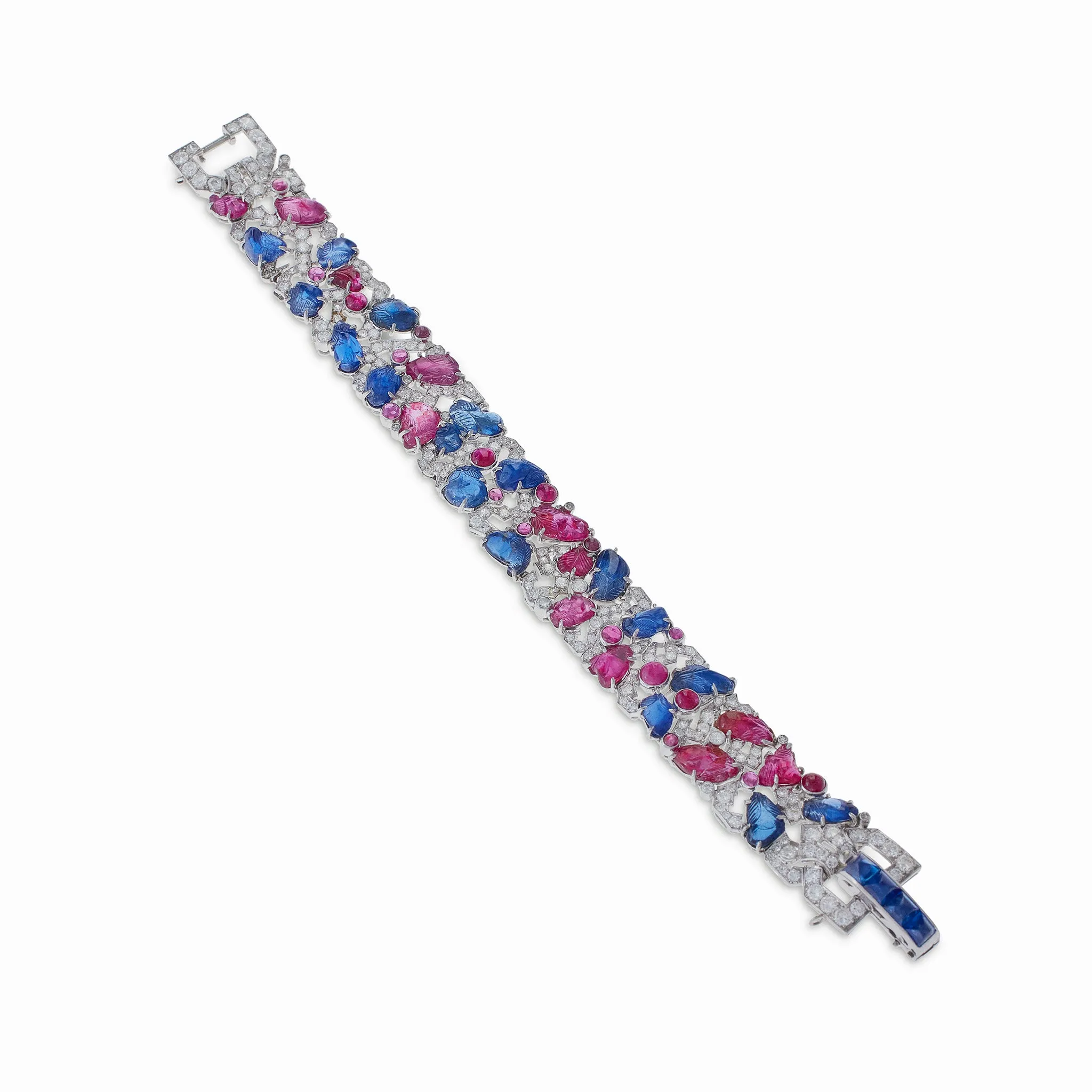 Carved Ruby, Sapphire and Diamond Tutti Frutti Strap Bracelet