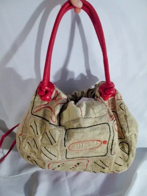 CHICO'S Fetish Lizard Turtle Embroidered Shoulder bag Purse Satchel Hippie BEIGE