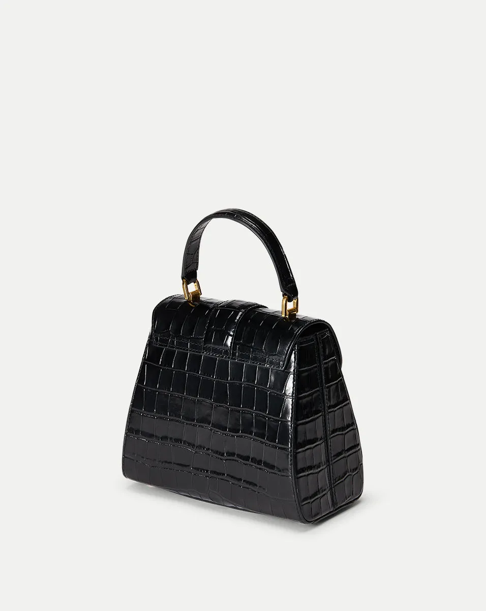 Croc-Embossed Crest Lock Top Handle Bag