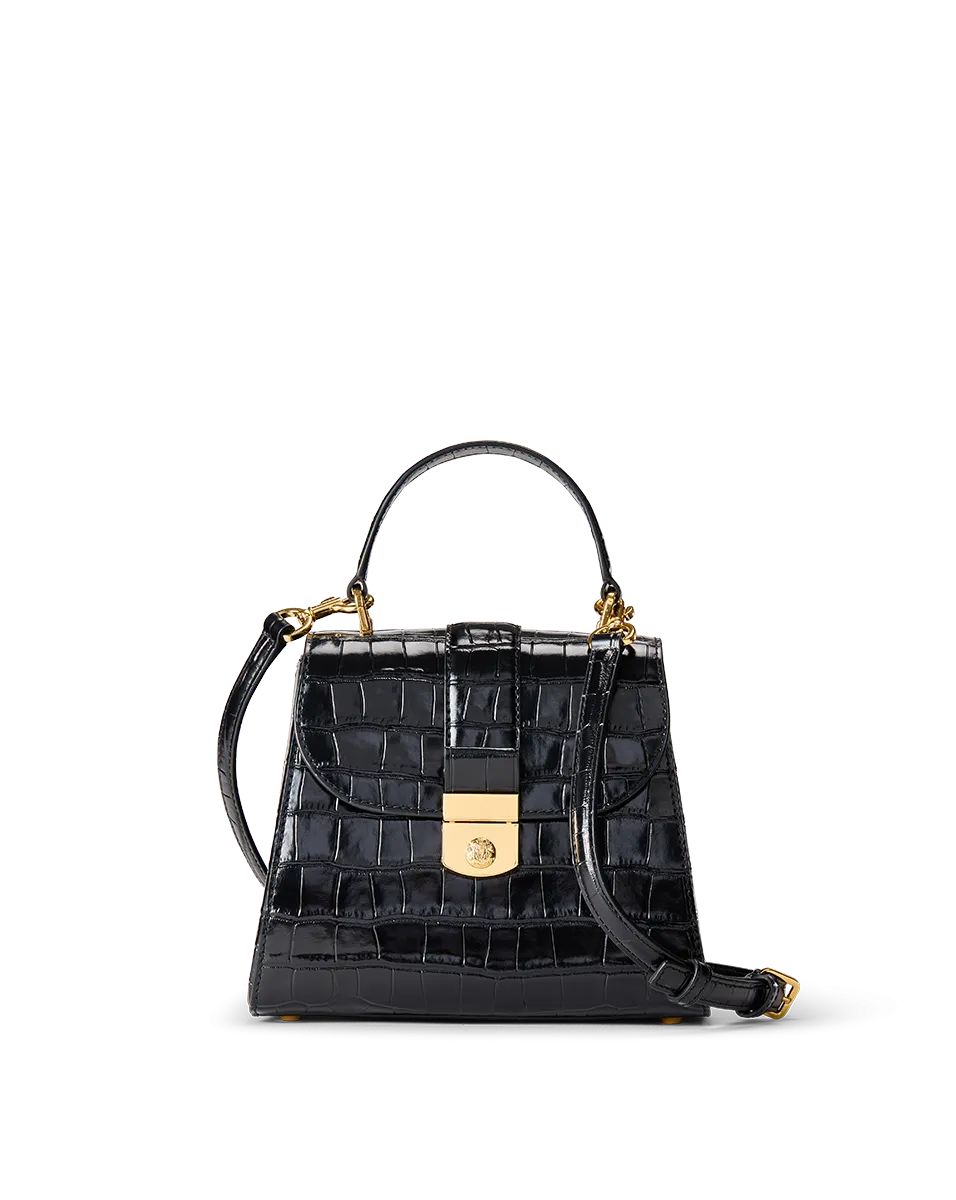 Croc-Embossed Crest Lock Top Handle Bag