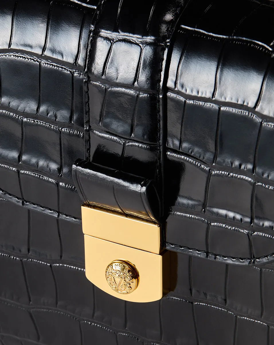 Croc-Embossed Crest Lock Top Handle Bag