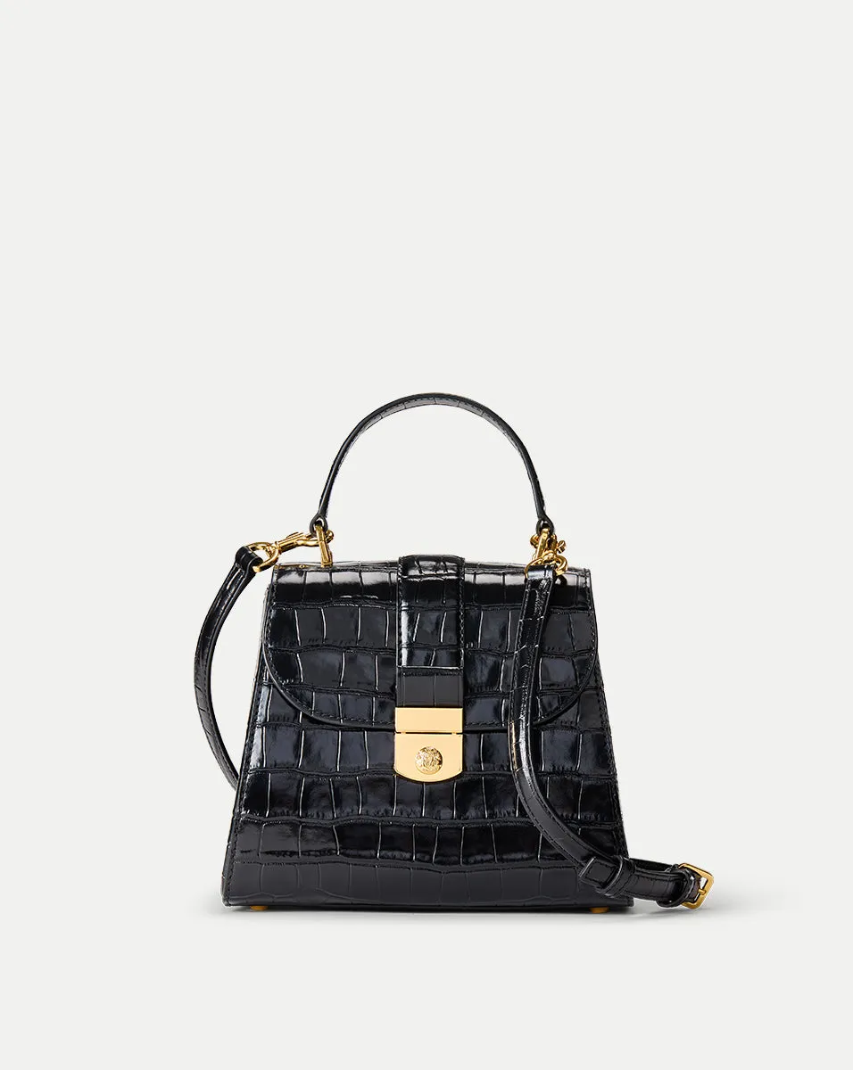 Croc-Embossed Crest Lock Top Handle Bag