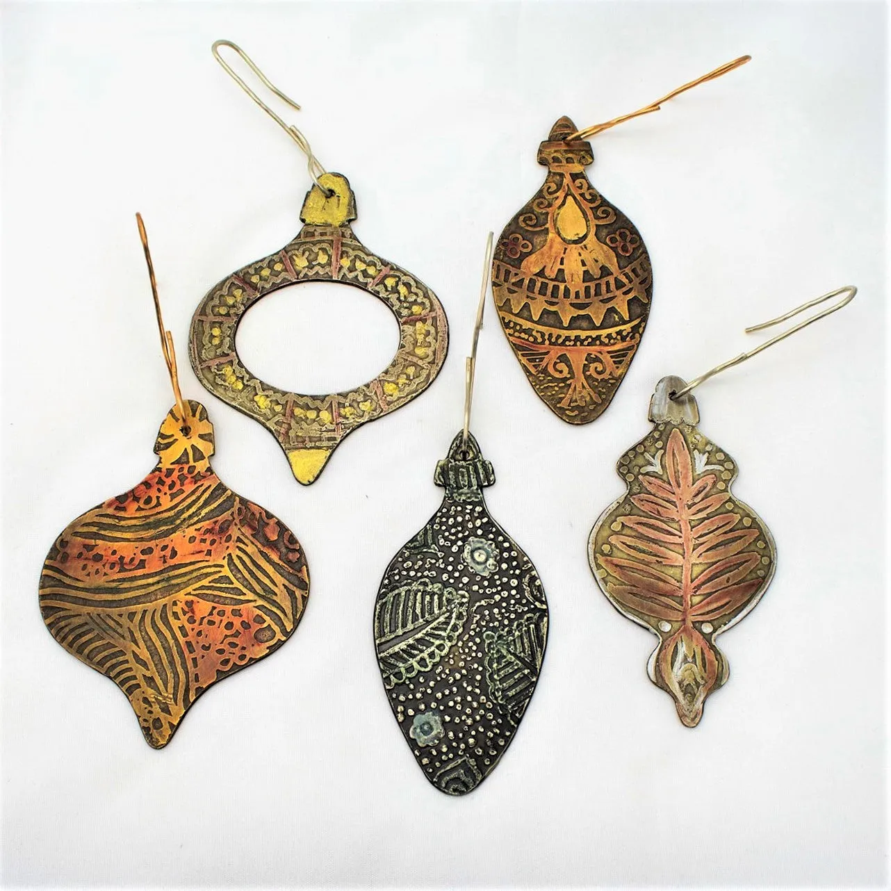 Custom Hand Drawn and Etched Holiday Ornaments in Red Brass, Copper and Silver Nickel