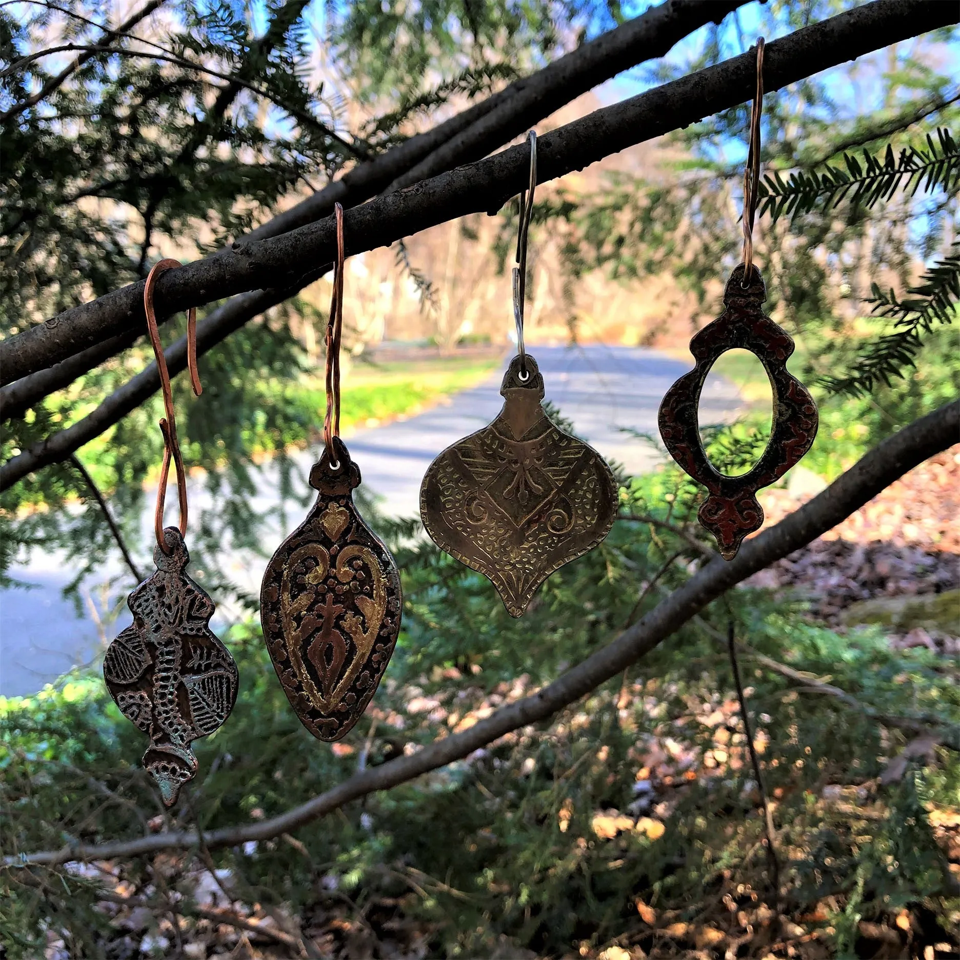 Custom Hand Drawn and Etched Holiday Ornaments in Red Brass, Copper and Silver Nickel