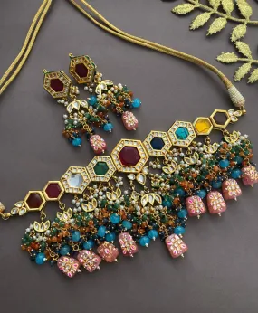 Designer Gold Plated Multicolor Bridal Choker Necklace Set By Gehna Shop