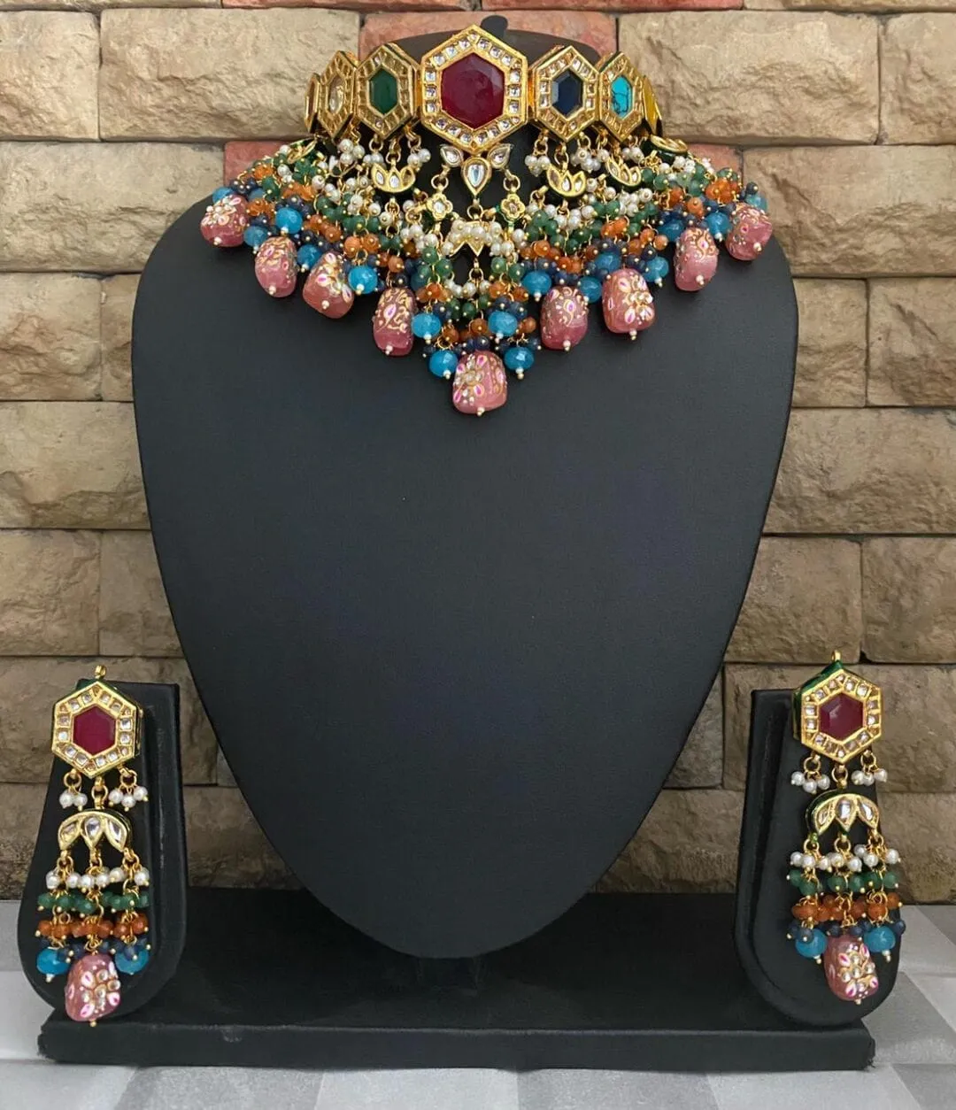 Designer Gold Plated Multicolor Bridal Choker Necklace Set By Gehna Shop