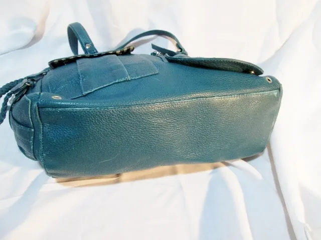 ELISA ATHENIENSE Leather Handbag Satchel Tote Shoulder Bag TEAL BLUE Pockets