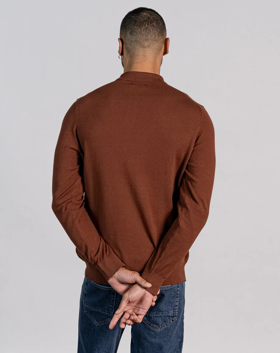 ESSENTIAL LONG SLEEVE KNITTED POLO TOP - DARK BROWN