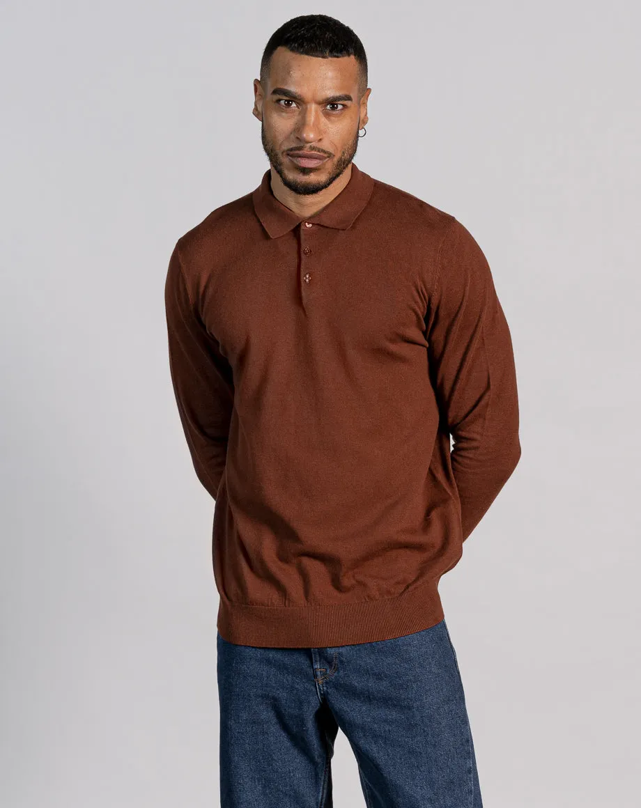 ESSENTIAL LONG SLEEVE KNITTED POLO TOP - DARK BROWN