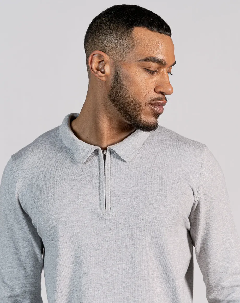 ESSENTIAL LONG SLEEVE ZIPPED NECK POLO - LIGHT GREY