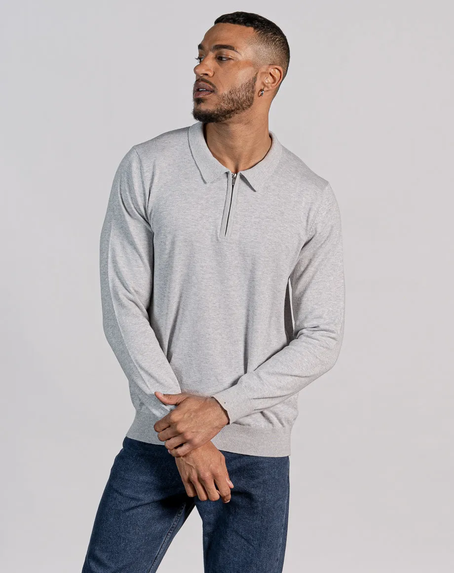 ESSENTIAL LONG SLEEVE ZIPPED NECK POLO - LIGHT GREY