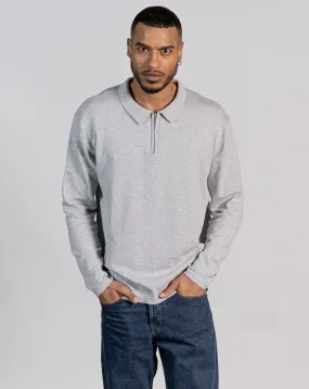 ESSENTIAL OVERSIZED LONG SLEEVE ZIPPED NECK POLO - LIGHT GREY