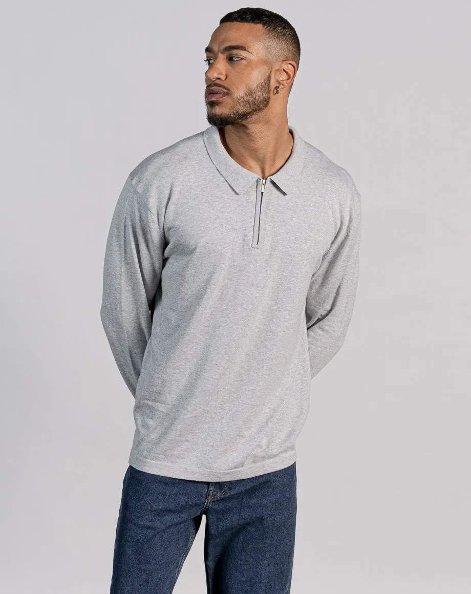 ESSENTIAL OVERSIZED LONG SLEEVE ZIPPED NECK POLO - LIGHT GREY