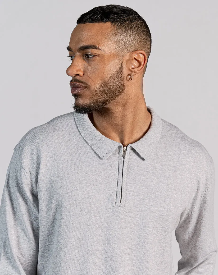 ESSENTIAL OVERSIZED LONG SLEEVE ZIPPED NECK POLO - LIGHT GREY