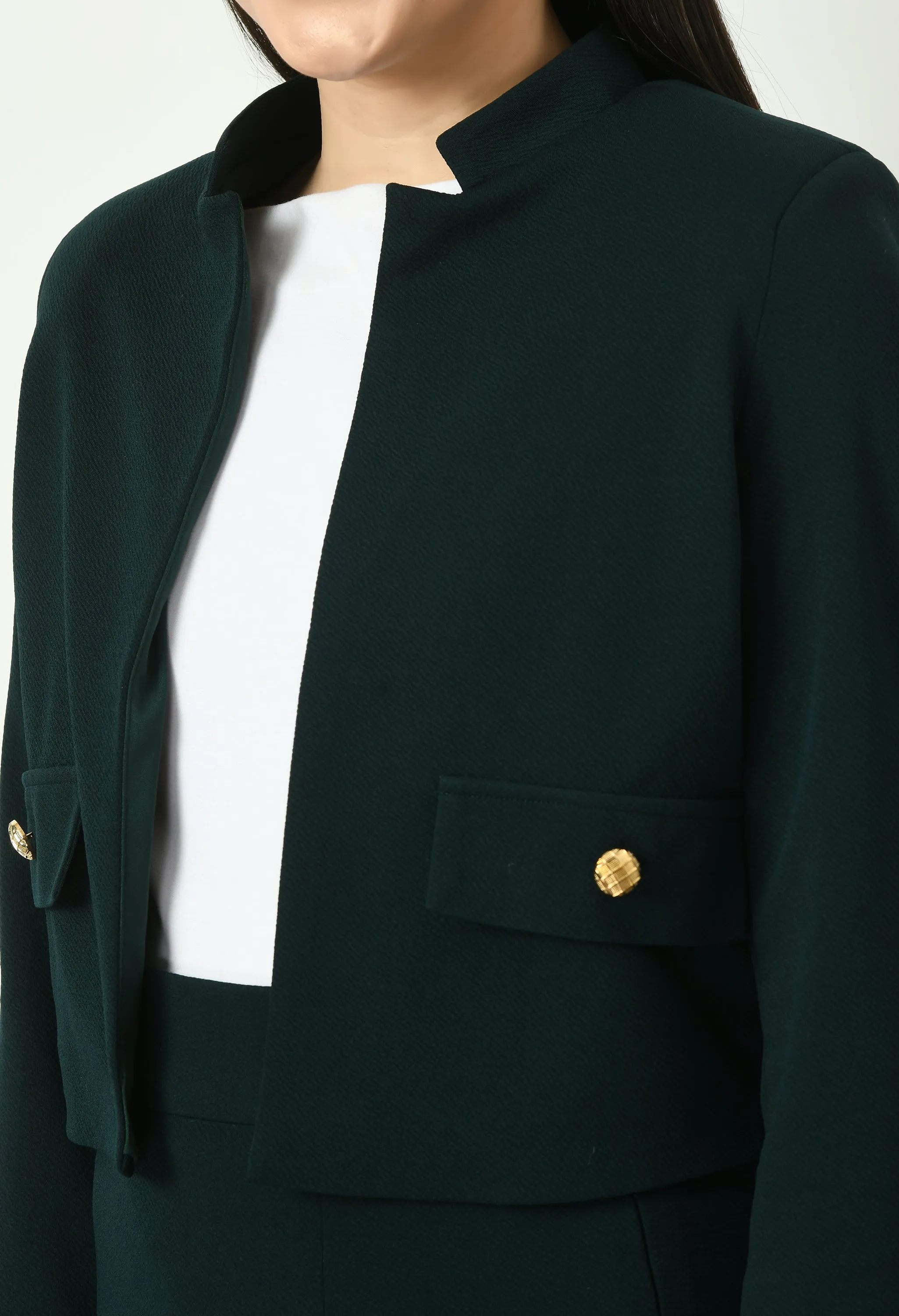 Exude Triumph Mandarin Collar Crop Blazer (Emerald Green)