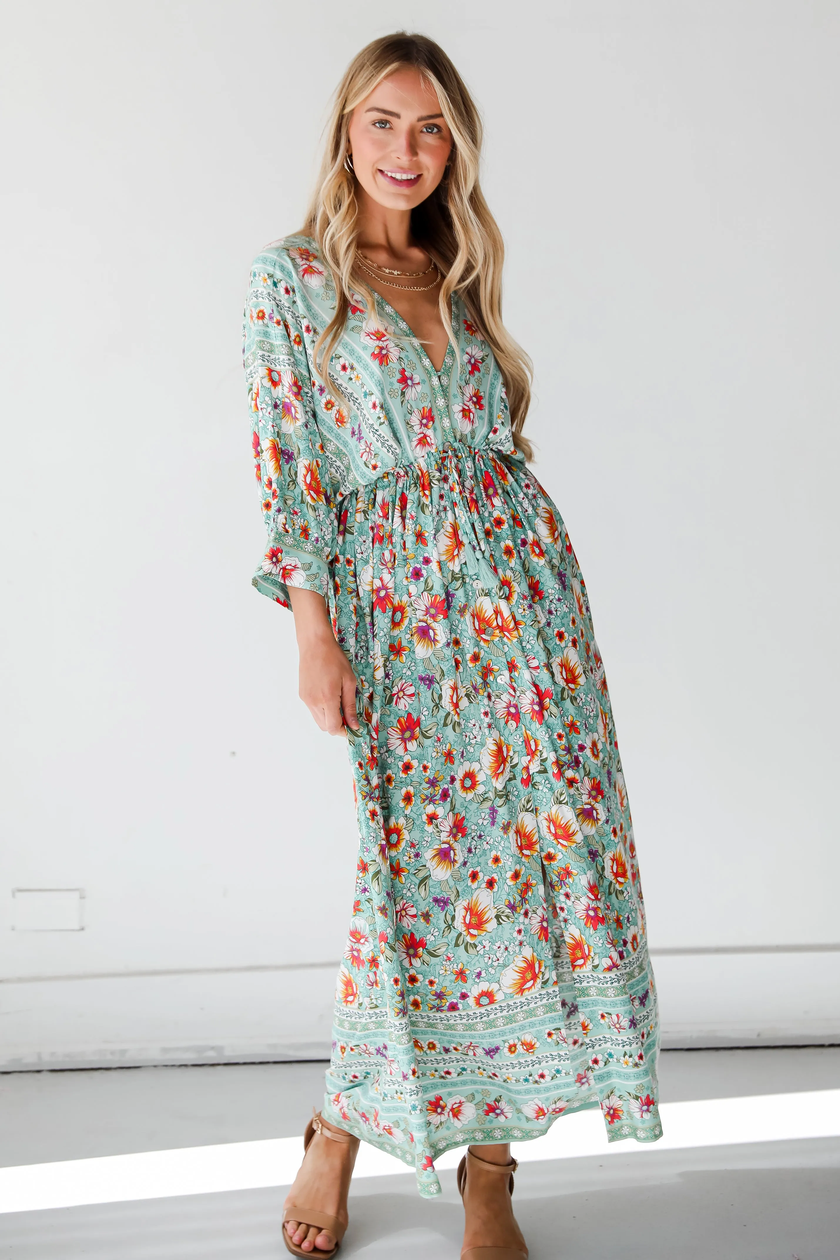 FINAL SALE - Bohemian Sun Jade Floral Maxi Dress