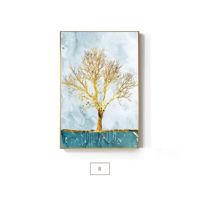 Golden Tree Butterflies And Deer Abstract Landscape Wall Art Fine Art Canvas Prints Pictures For Living Room Dining Room Luxury Interiors Wall Art Decor