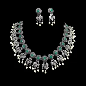 Green & Pearl Oxidized German Silver Necklace Set