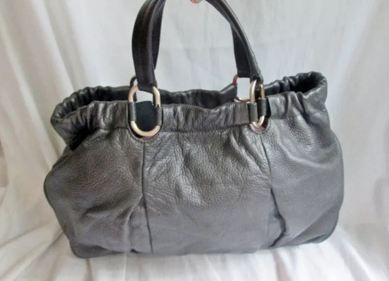 HALOGEN pebbled leather hobo satchel clutch tote bag PEWTER GRAY CHARCOAL purse Celebrity Style