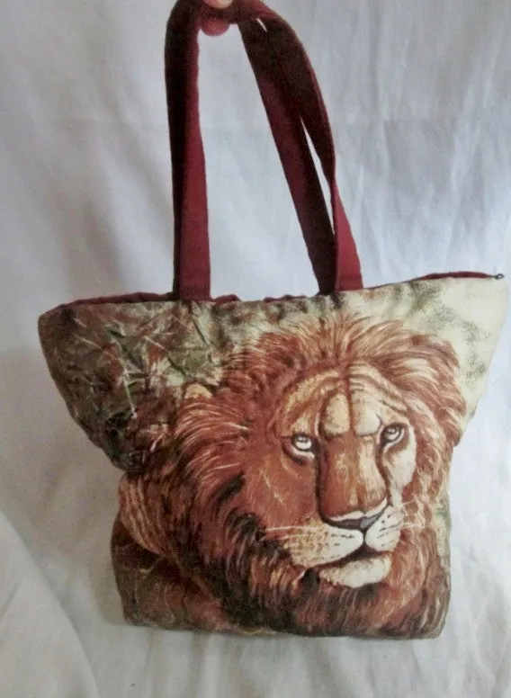 HANDMADE LION CAT mini vegan satchel TOTE  book bag purse Jungle BROWN S