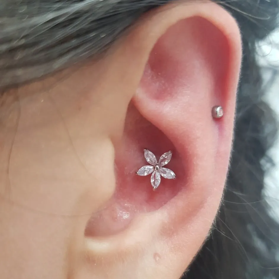 Internally Threaded Steel 5 Marquise CZ Flower Tragus Labret