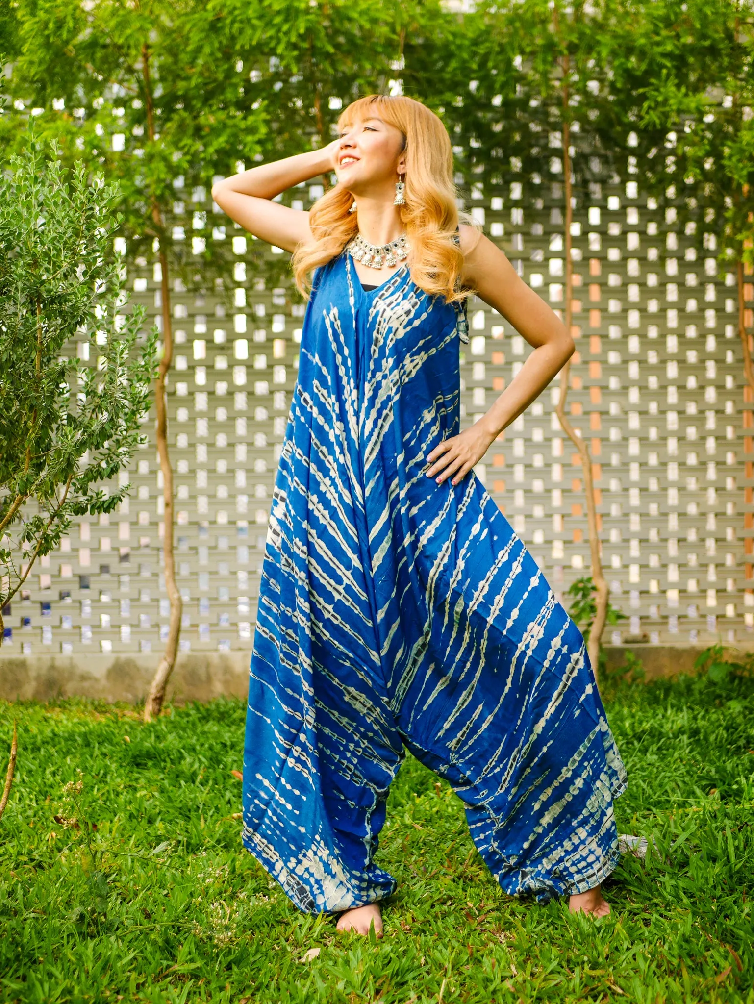 J0302- Hand Dyed Wide Leg Boho Hippie Jumpsuits Rompers Pants with Pockets