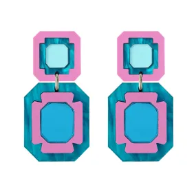 Large Gem Drop Earrings - Blue & Pink