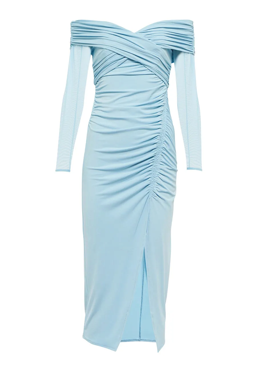 Light Blue Ruched Jersey Off Shoulder Long Sleeves Midi Dress