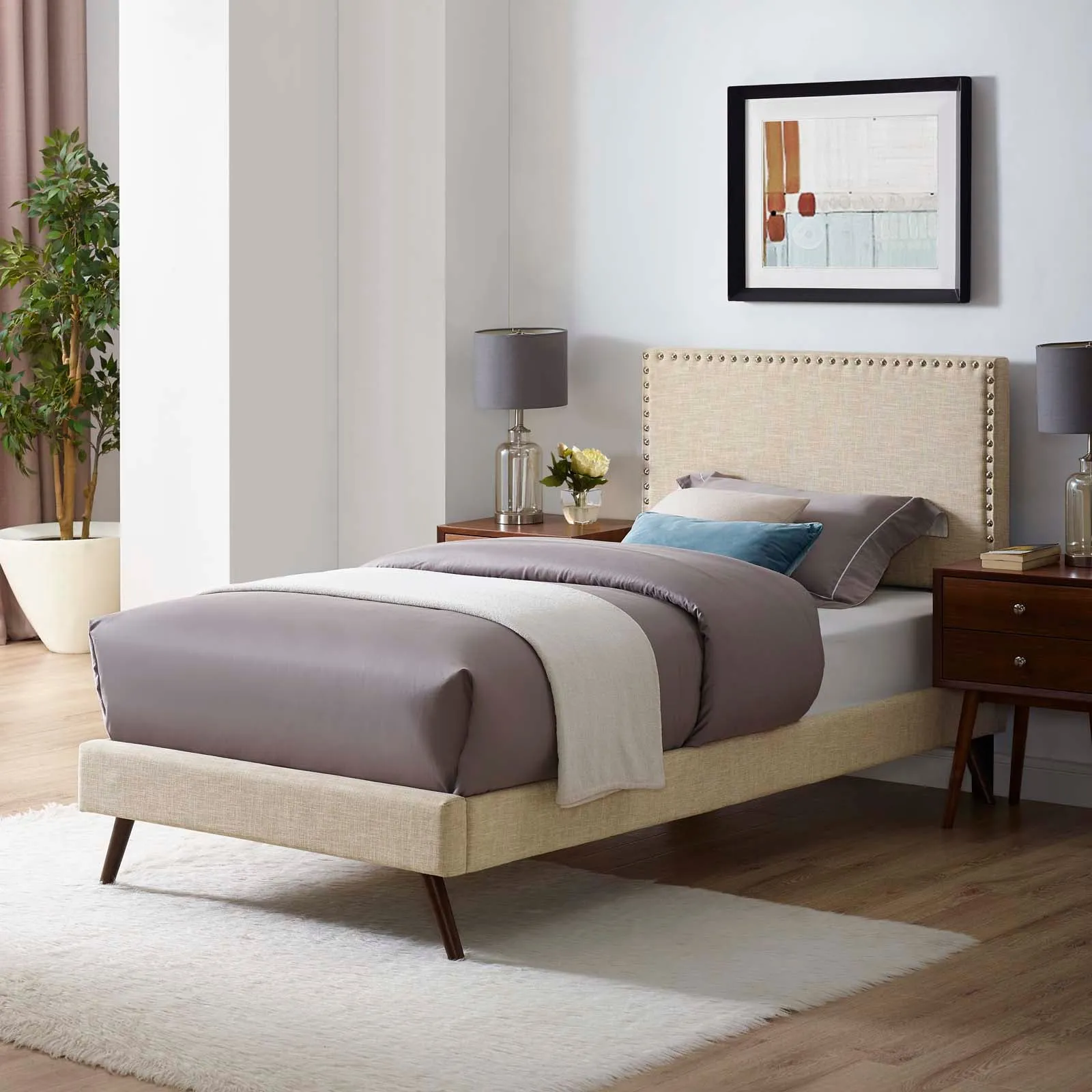 Macie Fabric Platform Bed with Round Splayed Legs