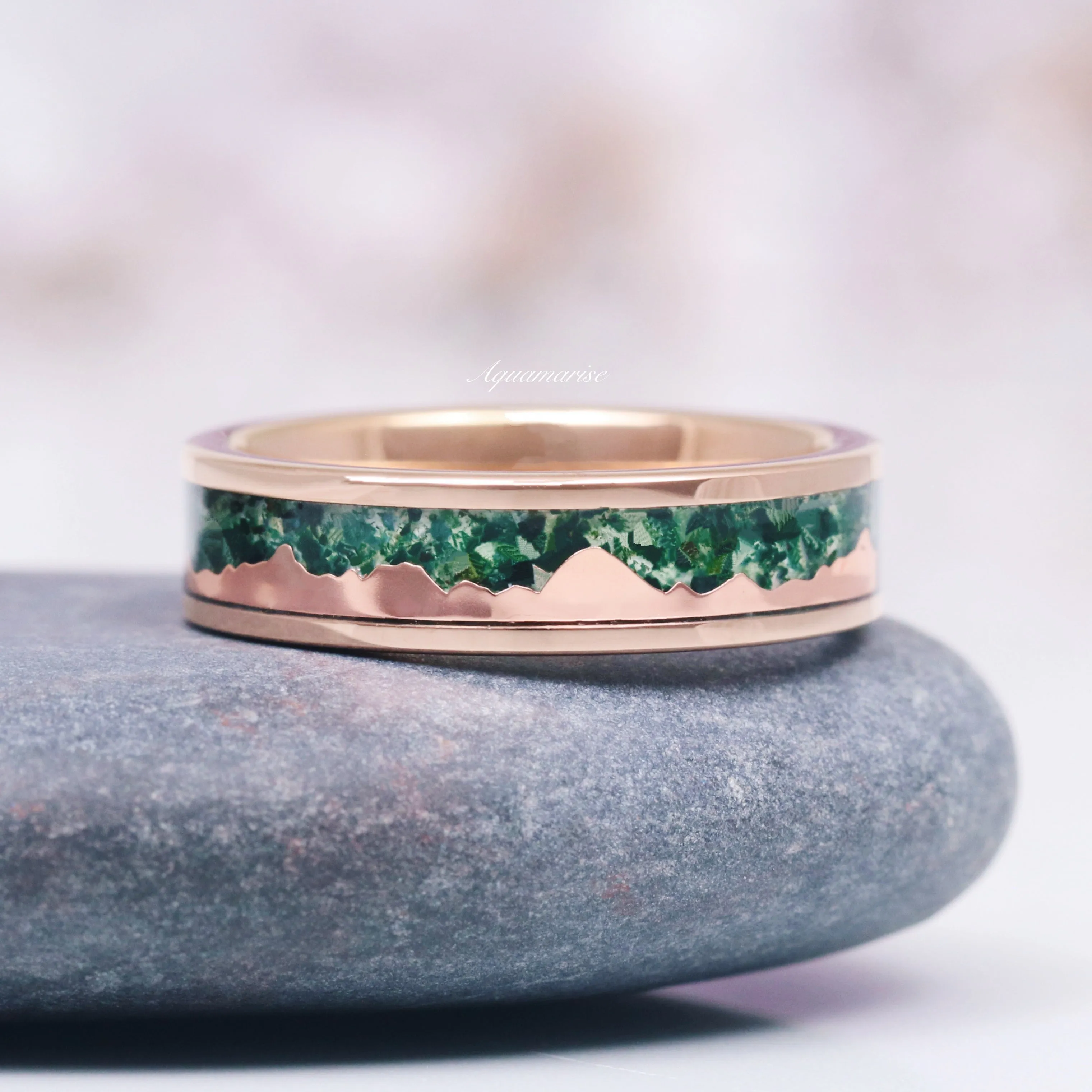 Mountain Range Green Moss Agate Couples Ring