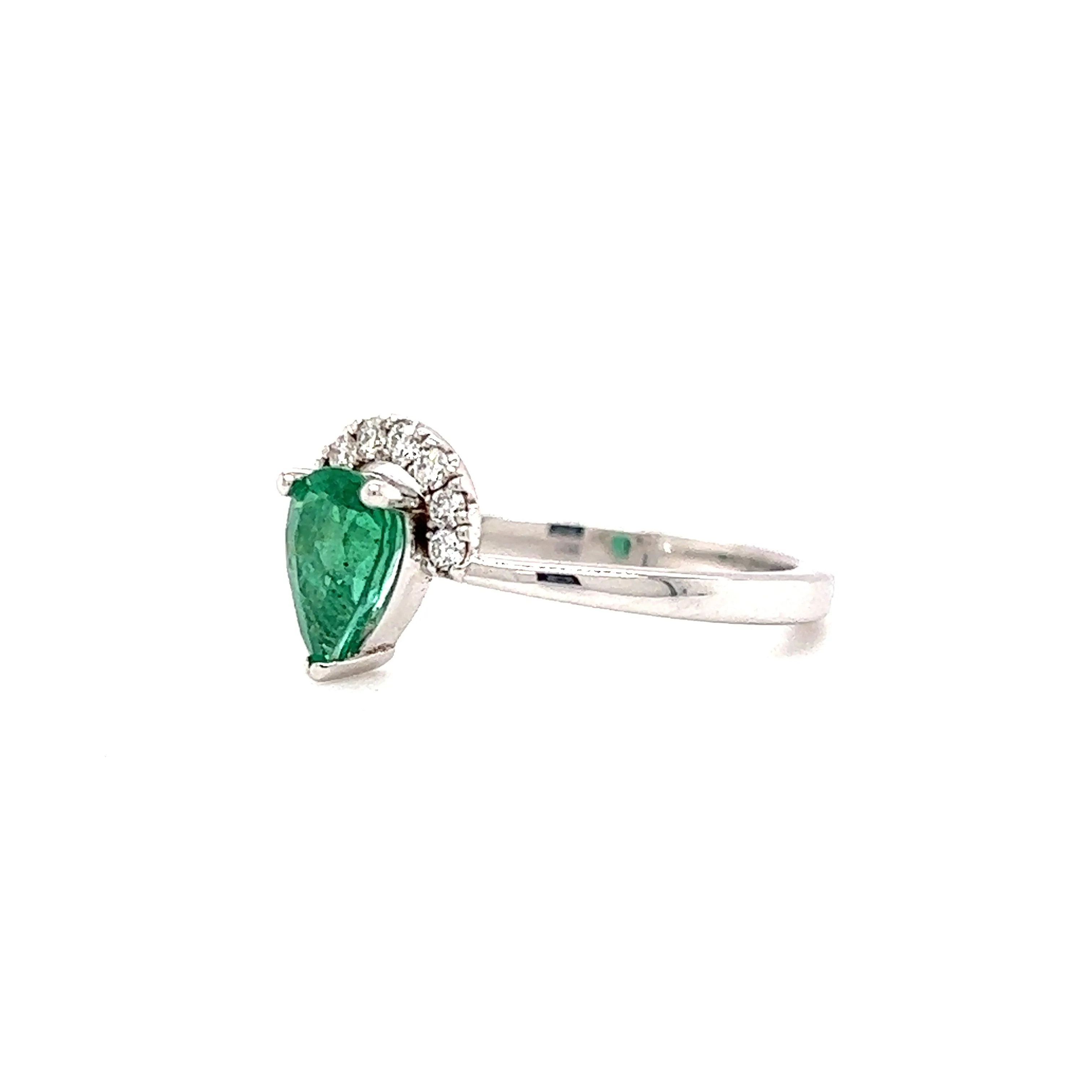 Pear Emerald Ring with Half Diamond Halo in 18K White Gold