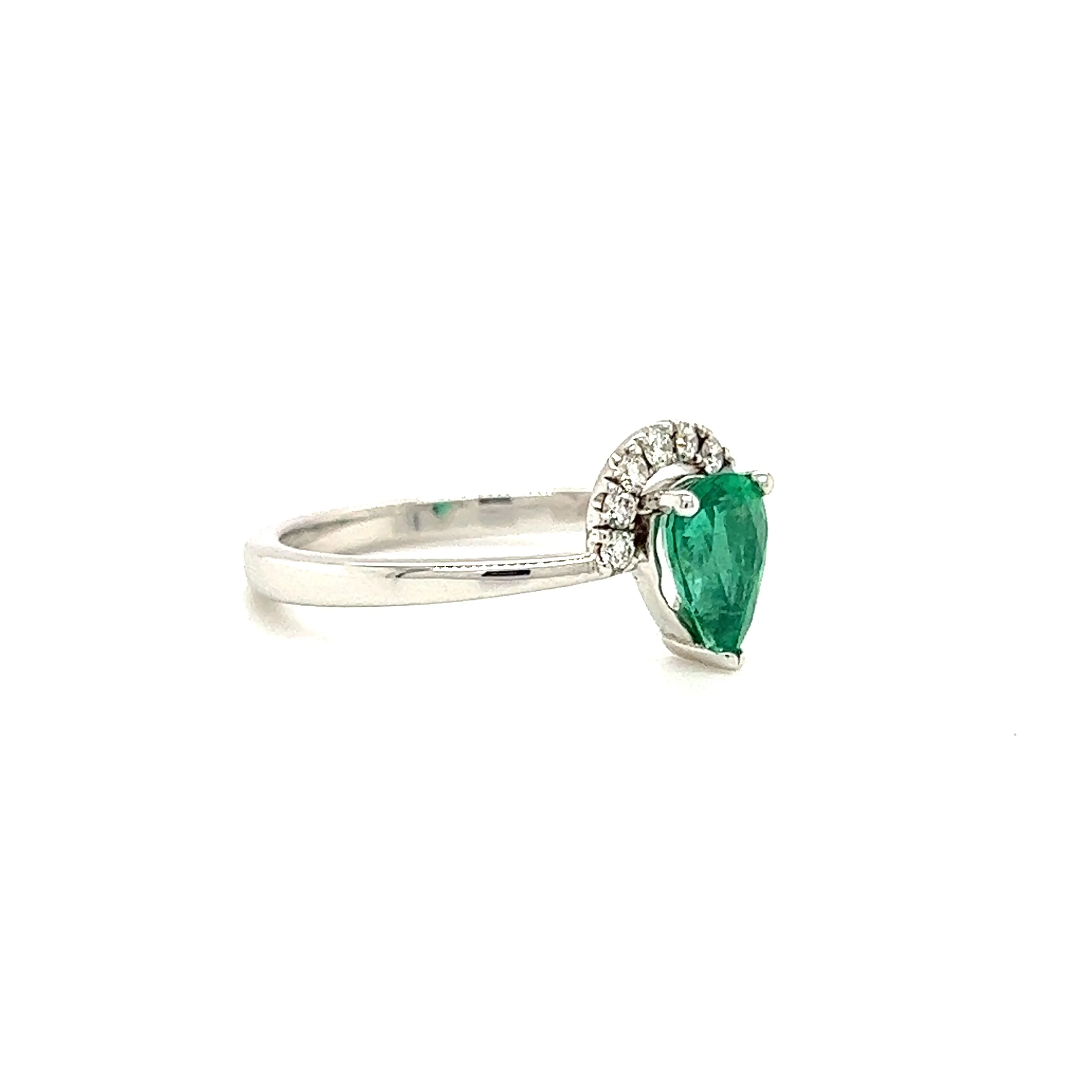 Pear Emerald Ring with Half Diamond Halo in 18K White Gold